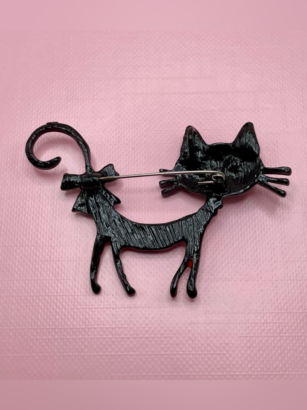 Whimsical Red Cat Brooch with Multicolor Hearts and Teal Bow - Picture 2 of 4